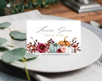 May include: A white card with a fall theme featuring a watercolor illustration of pumpkins, flowers, and leaves. The card says "Lauren Green Table Five" and "Flat and Folded Included!"