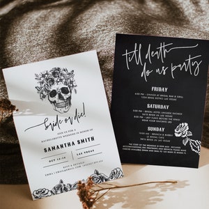 Halloween Bachelorette Bride or Die Itinerary, Till Desth Do Us Party Bachelorette Invite, Gothic Bachelorette Party, Boochelorette Party