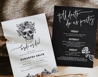 Itinerario de despedida de soltera de Halloween: Novia o Morir, Invitación de despedida de soltera hasta el fin del mundo, Despedida de soltera gótica, Fiesta Boochelorette