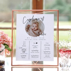 May include: A white printable poster with a photo of a baby girl in a circle. The poster has the baby's name, Caroline Mendes, and details about her first year, including her birthdate, weight, and favorite things. The poster is in a gold frame.
