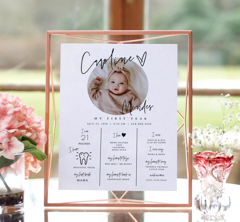May include: A white printable poster with a photo of a baby girl in a circle. The poster has the baby's name, Caroline Mendes, and details about her first year, including her birthdate, weight, and favorite things. The poster is in a gold frame.