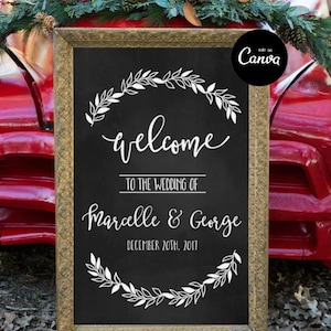 Plantilla de cartel de bienvenida para boda en Canva, póster de boda moderno negro, decoración rústica para recepción de boda, cartel de bienvenida moderno editable para fiesta.