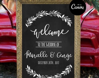 Wedding Welcome Sign Template Canva, Black Modern Wedding Poster, Rustic Wedding Reception Decor Sign, Editable Modern Welcome Sign Party