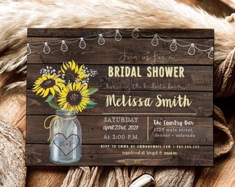 Sunflower Bridal Shower Invitation, Mason Jar Bridal Shower Invite, Rustic Bridal Shower, Country Bridal Shower Invitation, Printable