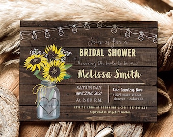 Sunflower Bridal Shower Invitation, Mason Jar Bridal Shower Invite, Rustic Bridal Shower, Country Bridal Shower Invitation, Printable