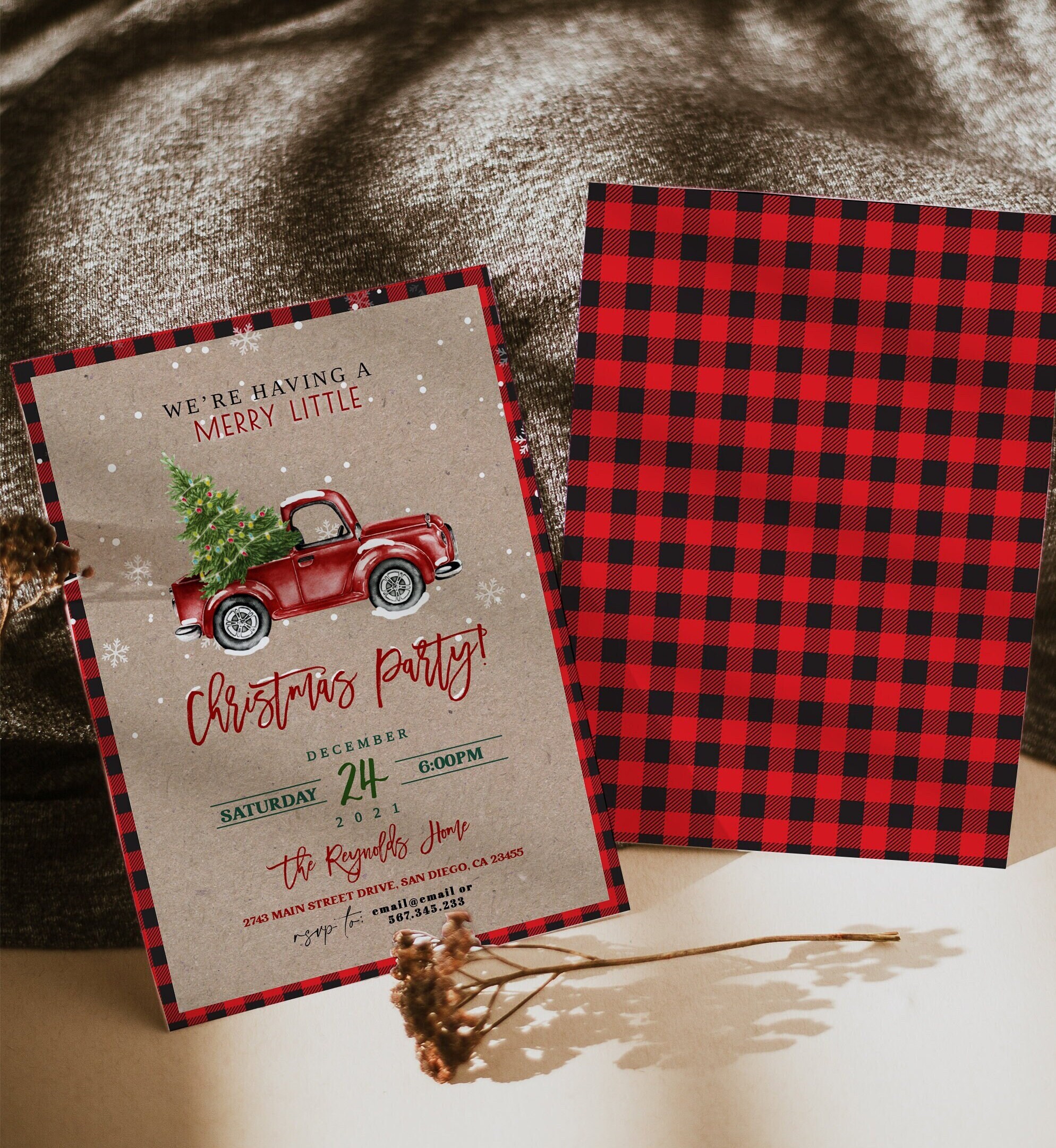 Christmas Party Invitation Printable, Truck Christmas Party Invitation, Flannel Christmas Invitation, Retro Christmas Party, Buffalo Plaid