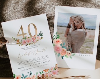 40th Birthday Invitation, Elegant 40th Birthday Invitation, Forty Birthday, Floral Adult Birthday Invitation, 40 Birthday, Editable, DIY