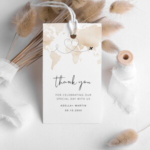Weltkarte Hochzeit Gunst Tag Vorlage, Aquarell Karte Gunst Tag, Ziel Hochzeit Gunst Tag druckbar, bearbeitbarer Gunst Tag Reise Hochzeit