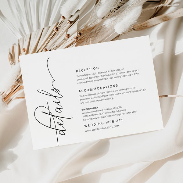 Sierra | Modern Details Card Wedding Insert, Minimalist Wedding Invitation Details Card, Wedding Website Accommodation, Editable Details DIY