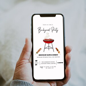 May include: A smartphone displays a digital invitation for a backyard party. The invitation features a barbecue grill illustration, text that reads "Backyard Party," and event details including the date, time, and location.