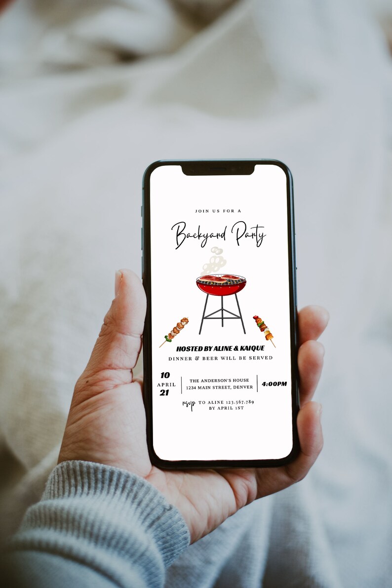 May include: A smartphone displays a digital invitation for a backyard party. The invitation features a barbecue grill illustration, text that reads "Backyard Party," and event details including the date, time, and location.
