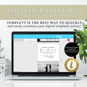 May include: A laptop computer displaying a website with a digital template for a New Year's card. The template features a black and white photo of a couple dancing on a beach. The text on the template reads "What a year! But we'll roll with it." and "The Raynor's 2023". The website is called Templett and the text on the website says "Your file ready in minutes using the Templett link sent to your email. Edit with Templett. Fully editable template."