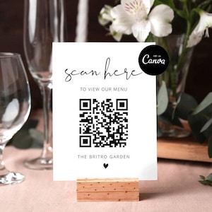 Hochzeitsmenü Qr-Code-Zeichen, Menü Qr-Code-Vorlage, Scannbares Hochzeitsmenü, Scan Hier QR-Code, Modernes Hochzeits-Esstisch-Zeichen Bearbeitbar DIY