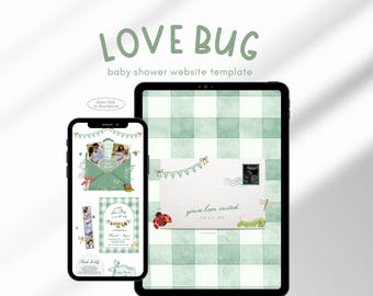 A little love bug is on the way baby shower website invitation editable on canva green gingham watercolor bugs