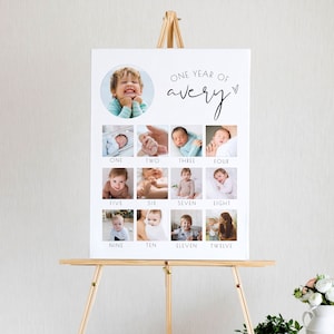 First Birthday Photo Milestone Collage, 1st Birthday Photo Poster, Baby's First Year Poster Printable, Modern Milestone Baby Poster Elegant