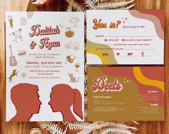 Funky Wedding Hippie Invitation Template, 70’s wedding invitation template Set, Disco Groovy Wedding Suite, 60’s Wedding Invitation