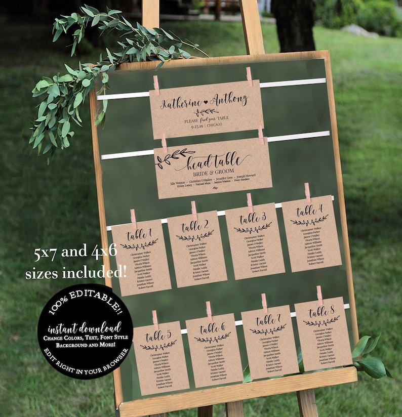DIY Rustic Kraft Wedding Rustic Wedding Seating Chart Template Set Printable Table Seating Plan Editable PDF Templates Instant Download