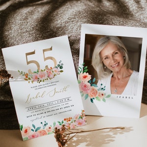 55th Birthday Invitation, Elegant 55th Birthday Invitation, Fifty Five Birthday, Floral Adult Birthday Invitation, 55 Birthday, Editable