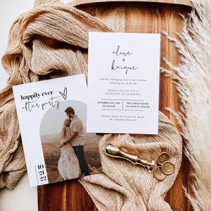 Happily Ever After Party uitnodiging, uitnodiging bruiloft receptie feest, minimalistische bruiloft schaking aankondiging kaart, boho receptie uitnodigen