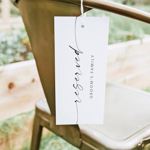 Etiqueta de asiento reservado, silla reservada para boda, etiqueta de tarjeta de fila de boda, ceremonia de boda moderna reservada para novias y novios, etiqueta familiar / MIA