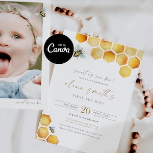 Bee Birthday Invitation Template, Bumble Bee Birthday Invitation, First Birthday Invitation Girl, Honey Birthday Invite Printable Canva