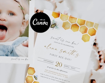 Bee Birthday Invitation Template, Bumble Bee Birthday Invitation, First Birthday Invitation Girl, Honey Birthday Invite Printable Canva