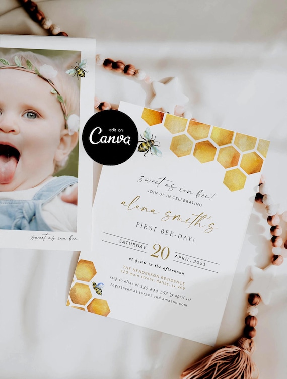 Bee Birthday Invitation Template, Bumble Bee Birthday Invitation, First Birthday Invitation Girl, Honey Birthday Invite Printable Canva