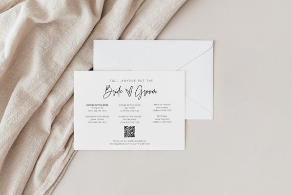 Wedding Contact List Card, Call Anyone But the Bride, Wedding Phone Insert, Wedding Enclosure Card Template, Editable Wedding Cards Qr Code