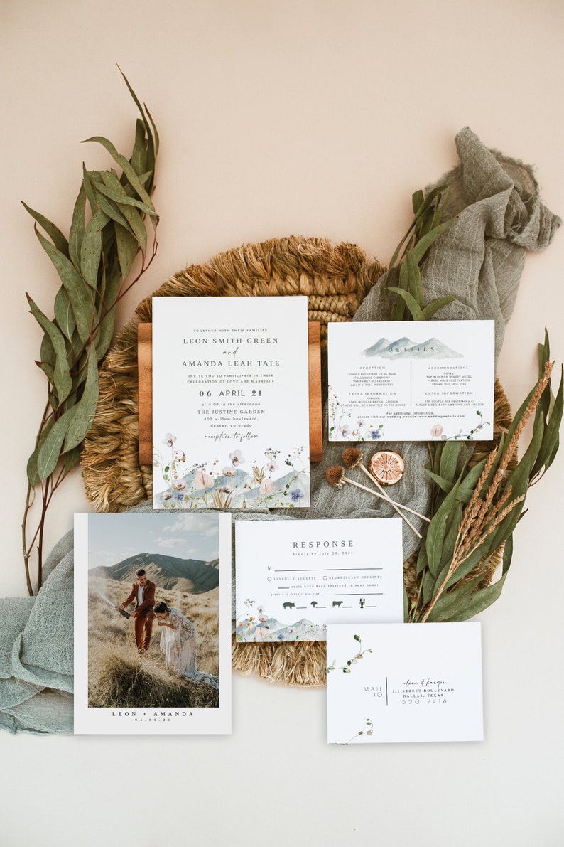 Aria Mountain Wedding Invitation Template Suite, Wildflower Wedding Invitation Set, Boho Wedding Invite, Bohemian Woodland Rustic Instant image 1