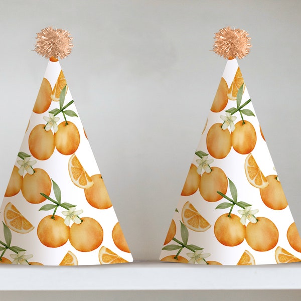 Orange Birthday Party Hat, Little Cutie Orange Party Hats, Citrus Party Decor, Watercolor Orange Decor, Printable Party Hats DIY