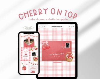 She’s our Cherry on Top Baby Shower Invitation Editable Website Canva Pink Gingham Floral