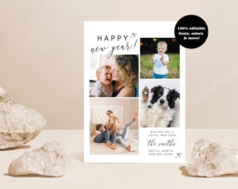 Editable New Year Photo Card Template, Printable Holiday Christmas Card, Modern Minimalist Happy New Year Family Card, Instant Download