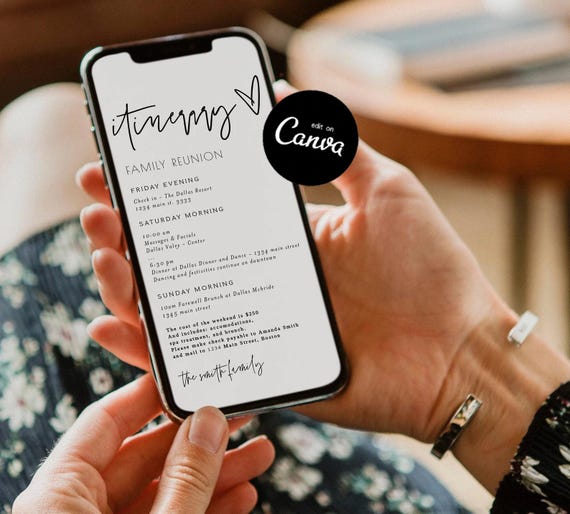 Itinerary Electronic Template, Bachelorette, Wedding, Family Reunion, Electronic Schedule, Email Itinerary, Editable Text Evite Canva