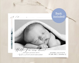 Birth Announcement Template, Printable Photo Birth Announcement Card, Minimalist Birth Announcement, Editable | Templett, DIY