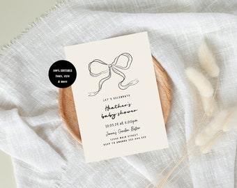 Bow Baby Shower Invitation Template, Ribbon Baby Shower Invite, Whimsical Baby Shower Invites, Hand Drawn Gender Neutral Baby Shower Invite