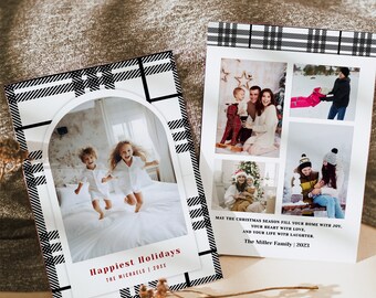 Black Plaid Arch Photo Holiday Card Template, Printable Modern Check Christmas Card, Editable Merry Christmas Greeting Card Instant Download