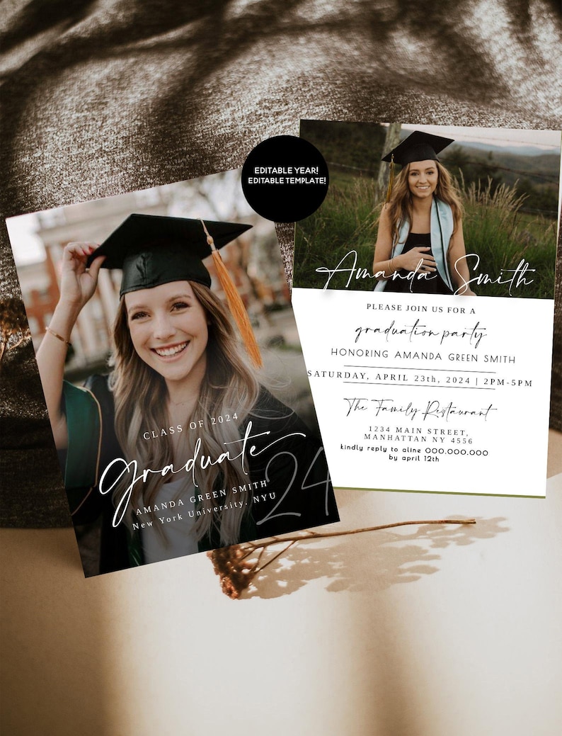 May include: Graduation party invitation with a photo of a woman in a cap and gown. The invitation is for Amanda Green Smith, Class of 2024, and is being held at The Family Restaurant on Saturday, April 23rd, 2024 from 2pm to 5pm. The invitation includes the restaurant's address and a phone number to RSVP by April 12th.