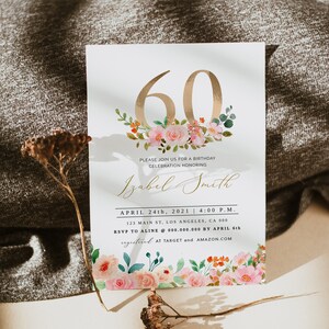 60th Birthday Invitation, Elegant 60th Birthday Invitation, SixtyBirthday, Floral Adult Birthday Invitation, 60 Birthday, Editable, DIY image 3