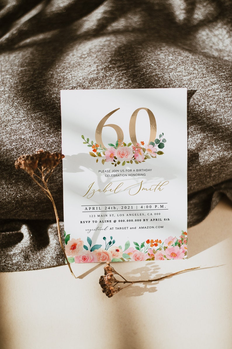 60th Birthday Invitation, Elegant 60th Birthday Invitation, SixtyBirthday, Floral Adult Birthday Invitation, 60 Birthday, Editable, DIY image 3