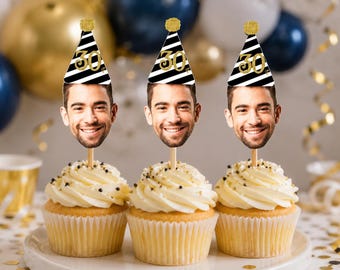 Photo Cupcake Toppers (30th, 40th, 50th, 60, 75) Printable, Fun Birthday Decor, 30th birthday for him decorations, Custom Face Party Decor