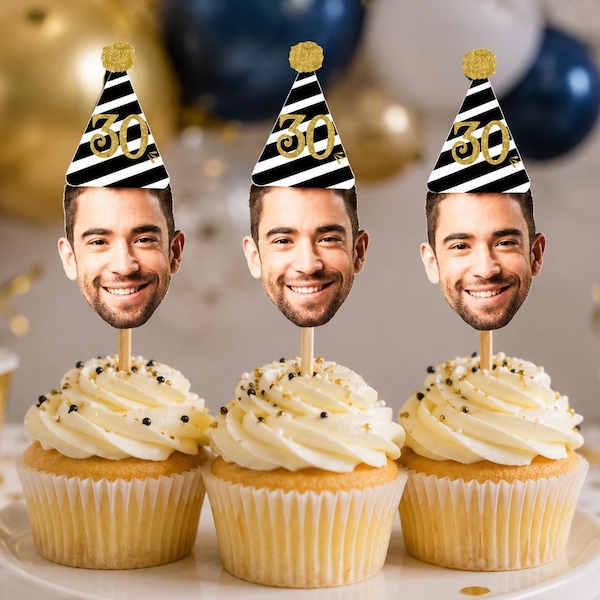 Decorazioni per cupcake con foto (30°, 40°, 50°, 60°, 75° compleanno) stampabili, divertenti decorazioni per compleanno, decorazioni per il 30° compleanno per lui, decorazioni personalizzate per feste con il viso