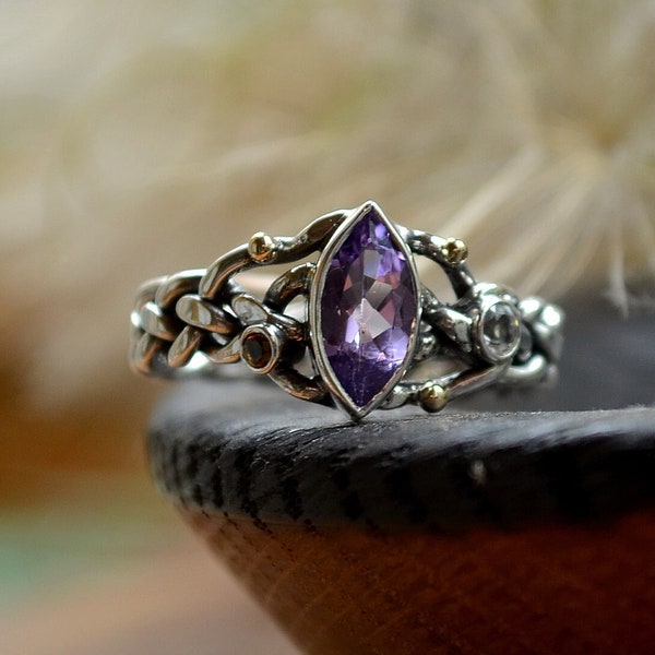 Elven Braid Silver ring, Woodland Amethyst engagement ring for Her, Viking hand-fasting ceremony, Tree roots treasures, Wife birthday gift