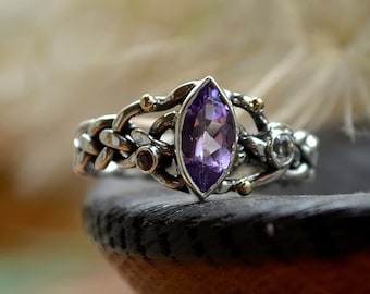 Elven Braid Silver ring, Woodland Amethyst engagement ring for Her, Viking hand-fasting ceremony, Tree roots treasures, Wife birthday gift