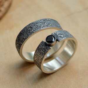 Textured Silver 925 2 pcs rings, Black Zircon stone, Dust surface jewelry for Him and Her"To the moon and back" Wedding rings set for couple