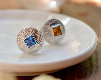 Silver 925 10mm Wild Textured earrings,Ukrainian flag colors studs,Square Topaz and Citrine 3*3mm gemstone Unisex jewelry,Minimalism jewelry