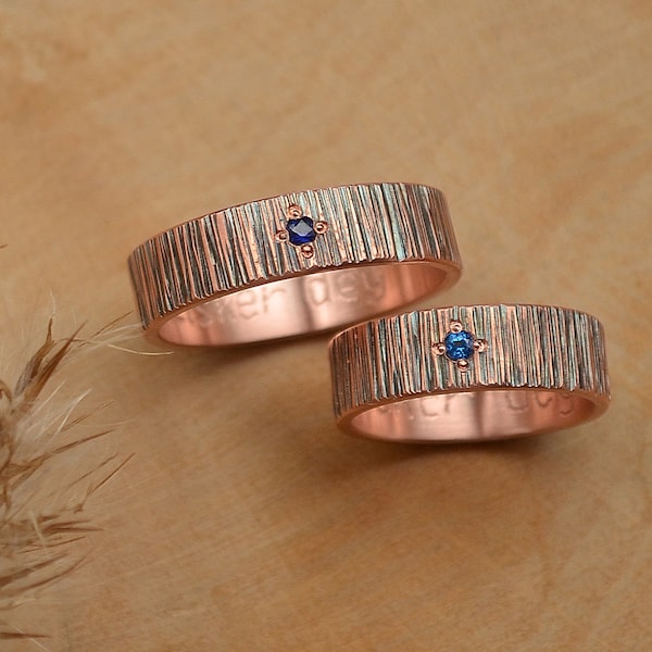 Deep Blue Sapphire 2mm Textured copper 2pcs bands, Viking wedding rings set for couple, 7 years Anniversary, Scandinavian HandHammered style