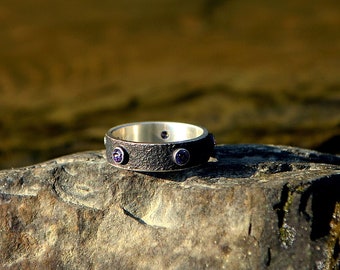 Boho Silber Ring mit 5 Stück Amethysten,Verlobungsring mit lila Steinen,Wild texturierter Silberschmuck für Sie,Versprechensring für Pflanzenliebhaber