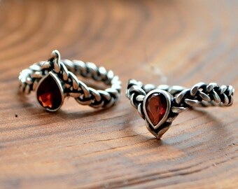 Lesbian Silver rings set, Red Garnet engagement for Her and Her, Braids Viking hand-fasting ceremony, Tree roots treasures, gift for couple