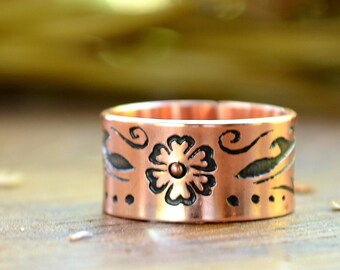 Copper ring with Sakura flower, 7 Anniversary band for Her, Floral ornament Mehendi ,Copper powerful divine jewelry, Elven style engagement