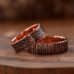 Viking wedding 2 pcs rings set, Rustic copper black, Bohostyle Engagement bands,Wood immitation texture, Nordic rings,Pagan promise ceremony image 1